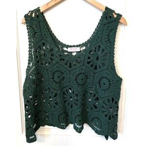 Open Knit Crochet Cropped Green Tank One Size 100% Cotton Boho Festival Forest